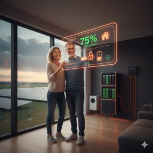 fotowoltaika 2025, para ludzi oglądająca zmiany w mieszkaniu wyświetlając hologram